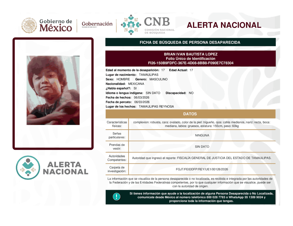 Persona desaparecida Brian Iván Bautista López