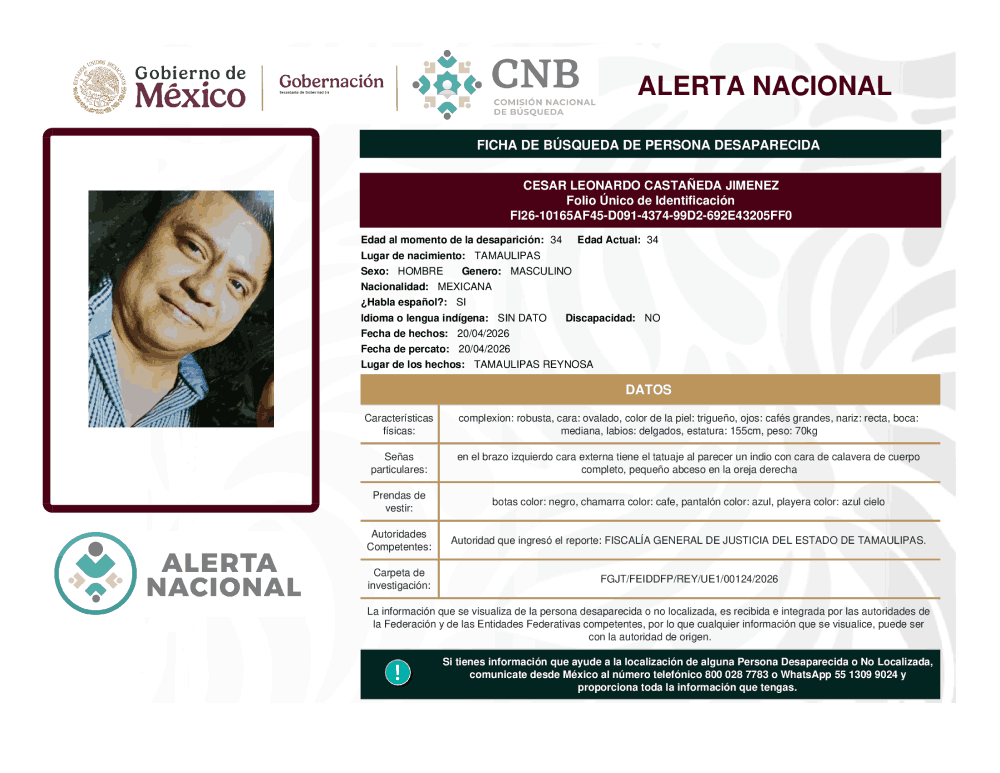 Persona desaparecida César Leonardo Castaneda Jiménez