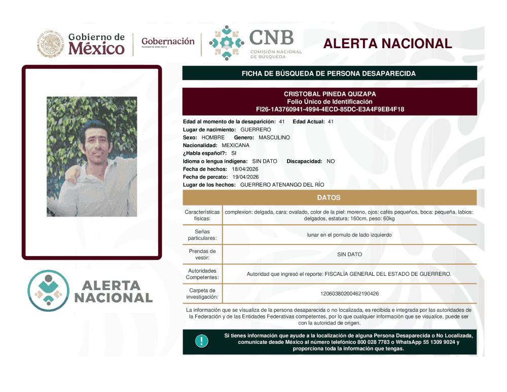 Persona desaparecida Cristobal Pineda Quizapa