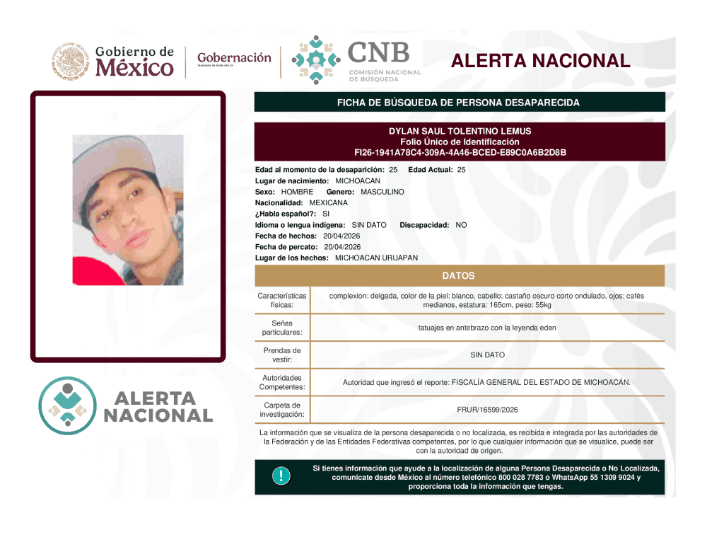 Persona desaparecida Dylan Saul Tolentino Lemus