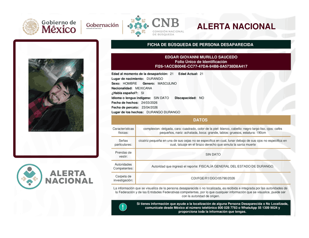 Persona desaparecida Edgar Giovanni Murillo Saucedo