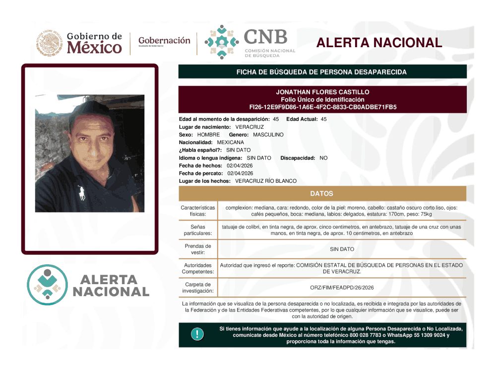 Persona desaparecida Jonathan Flores Castillo