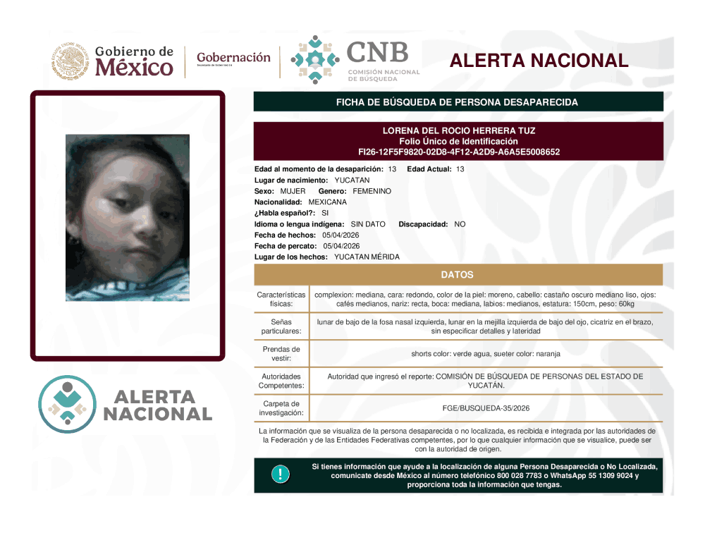 Persona desaparecida Lorena del Rocio Herrera Tuz