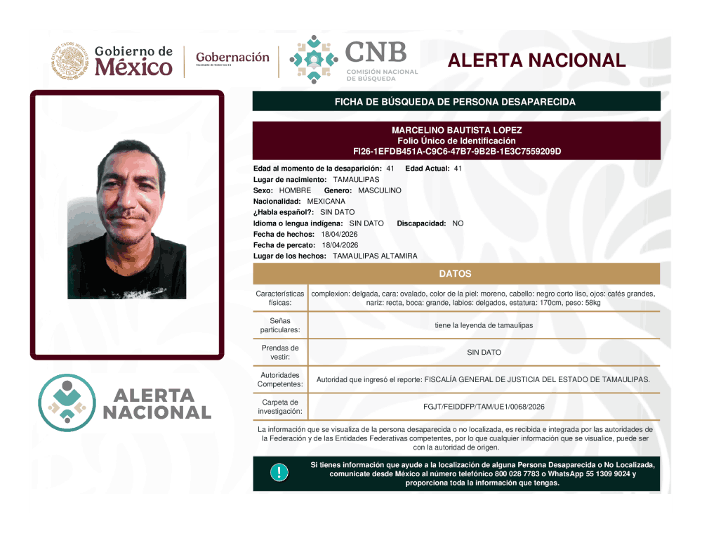 Persona desaparecida Marcelino Bautista López