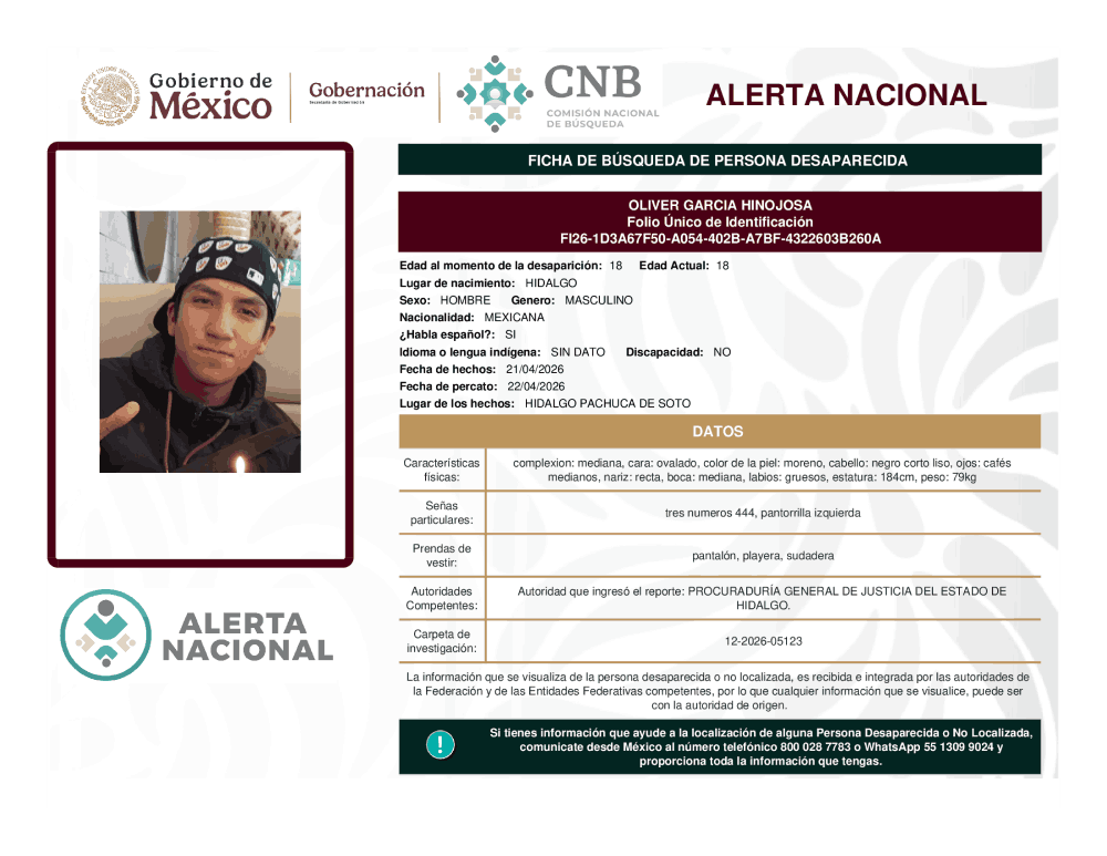 Persona desaparecida Oliver García Hinojosa