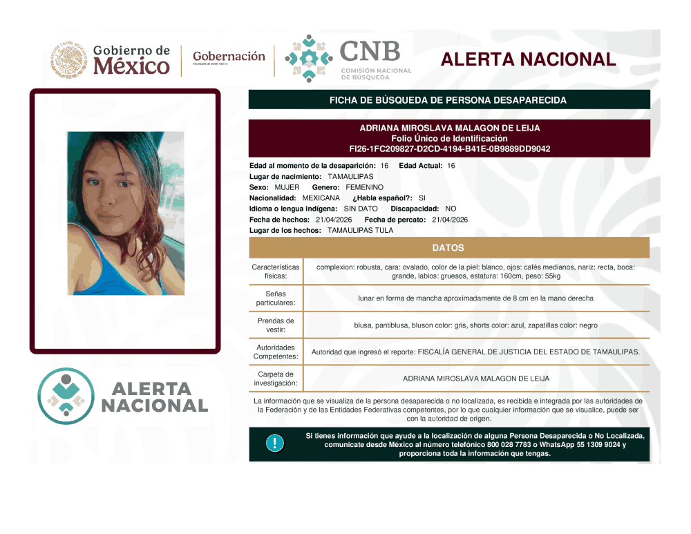 Persona desaparecida Adriana Miroslava Malagon de Leija