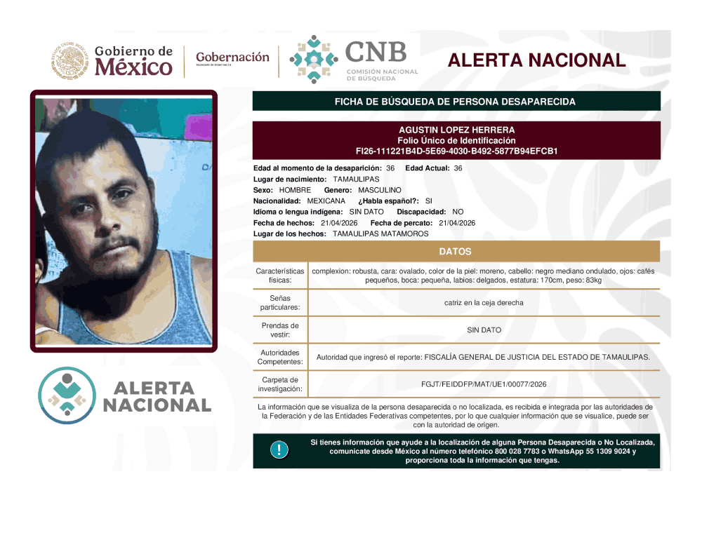 Persona desaparecida Agustín López Herrera