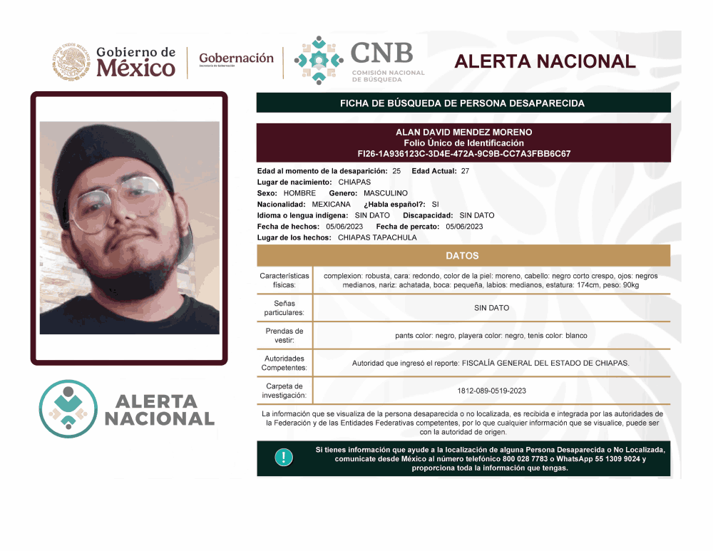 Persona desaparecida Alán David Méndez Moreno