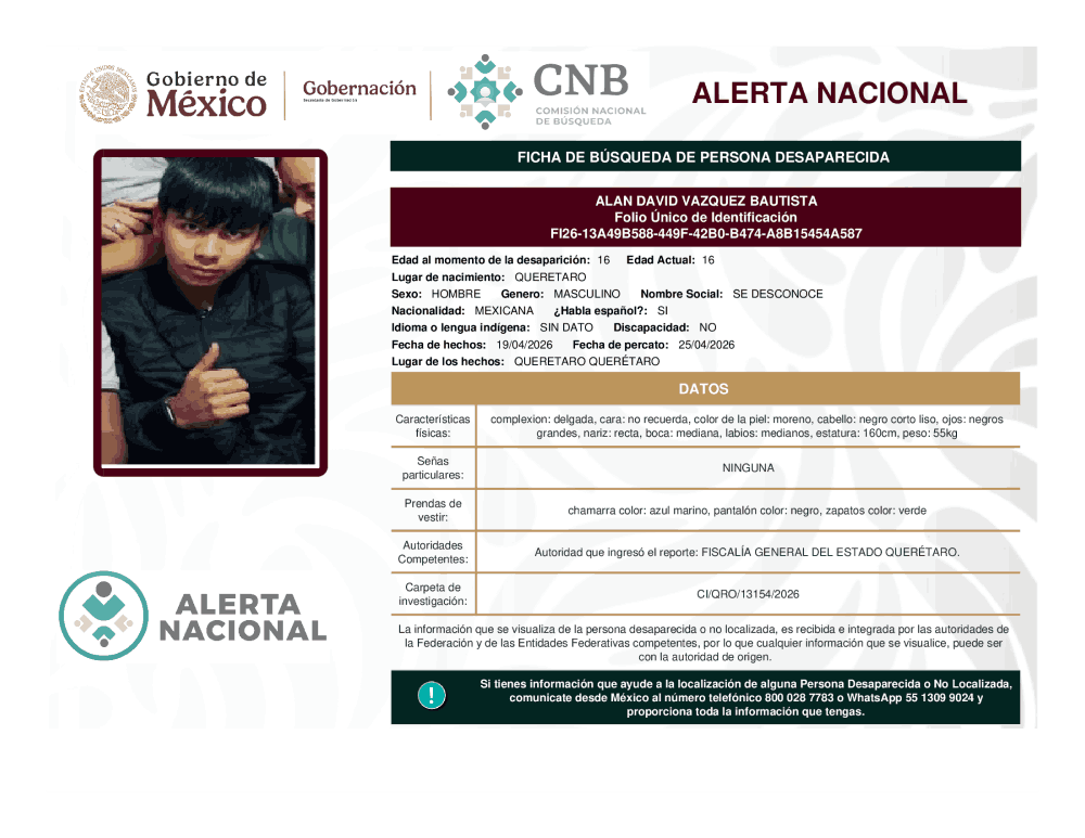 Persona desaparecida Alán David Vázquez Bautista