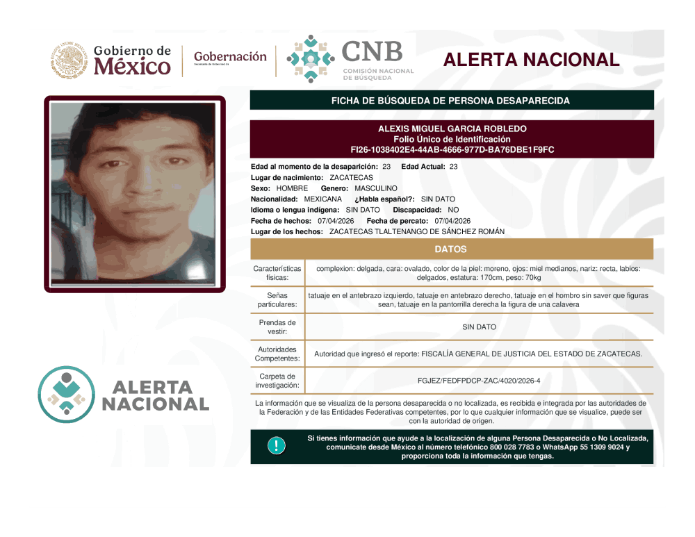 Persona desaparecida Alexis Miguel García Robledo