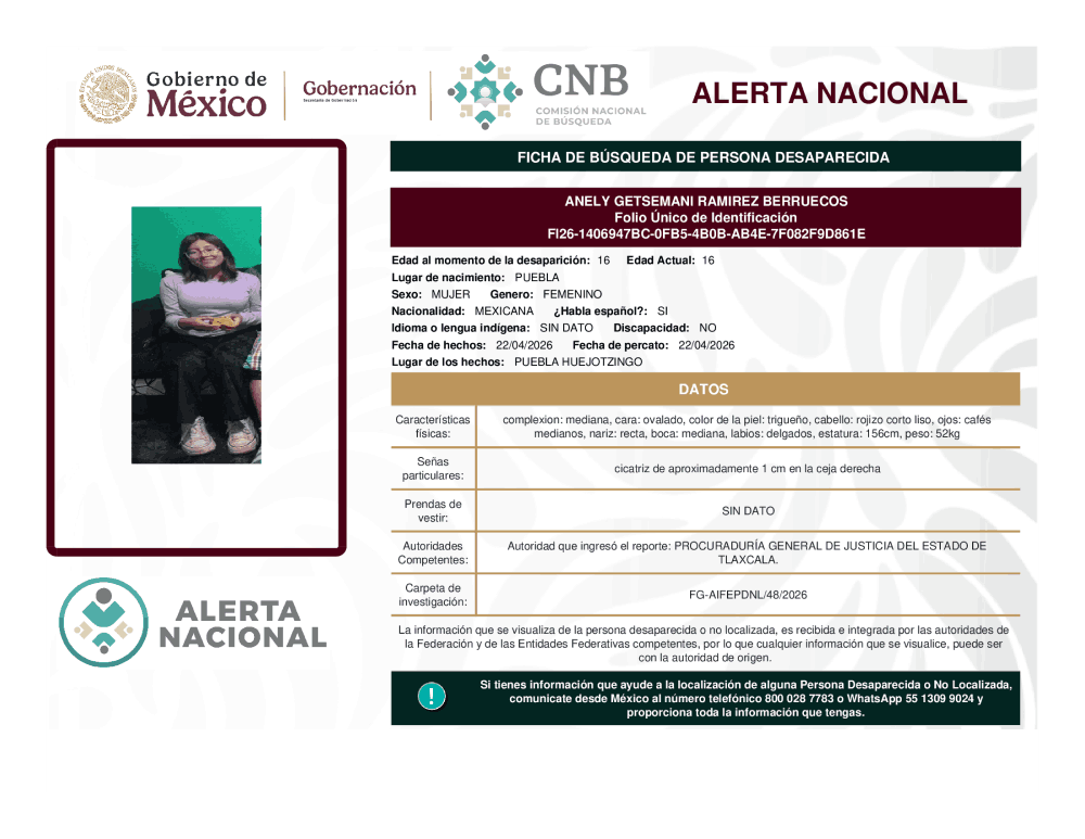 Persona desaparecida Anely Getsemani Ramírez Berruecos