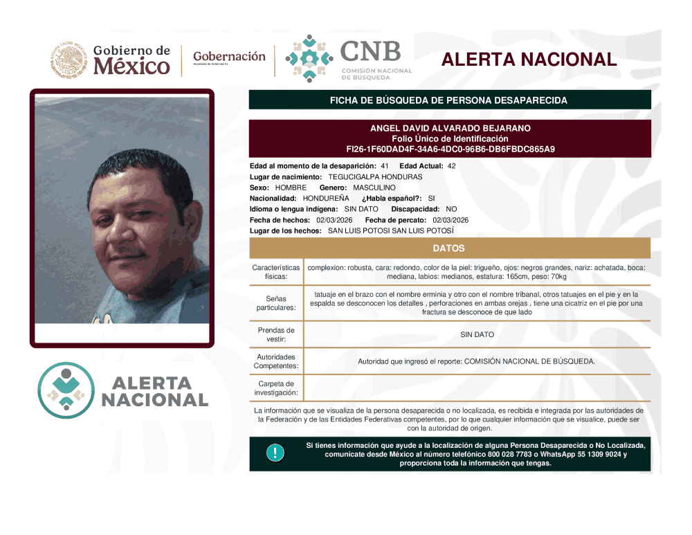 Persona desaparecida Ángel David Alvarado Bejarano