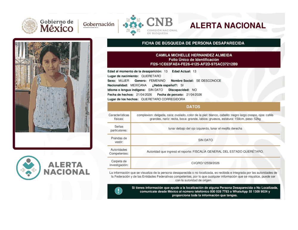 Persona desaparecida Camila Michelle Hernández Almeida