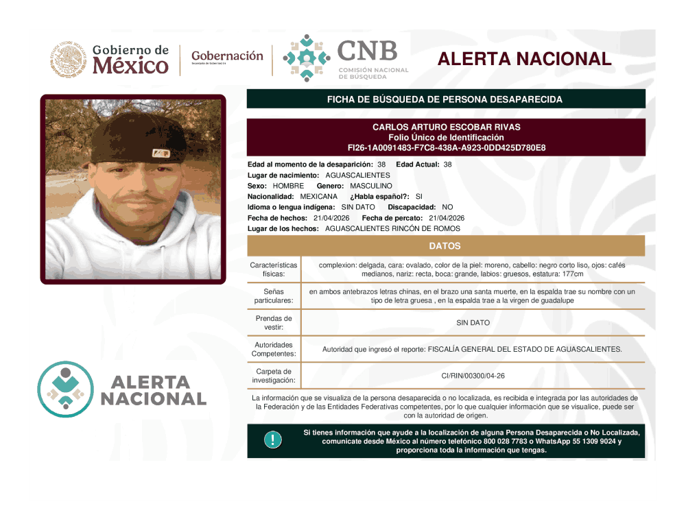 Persona desaparecida Carlos Arturo Escobar Rivas