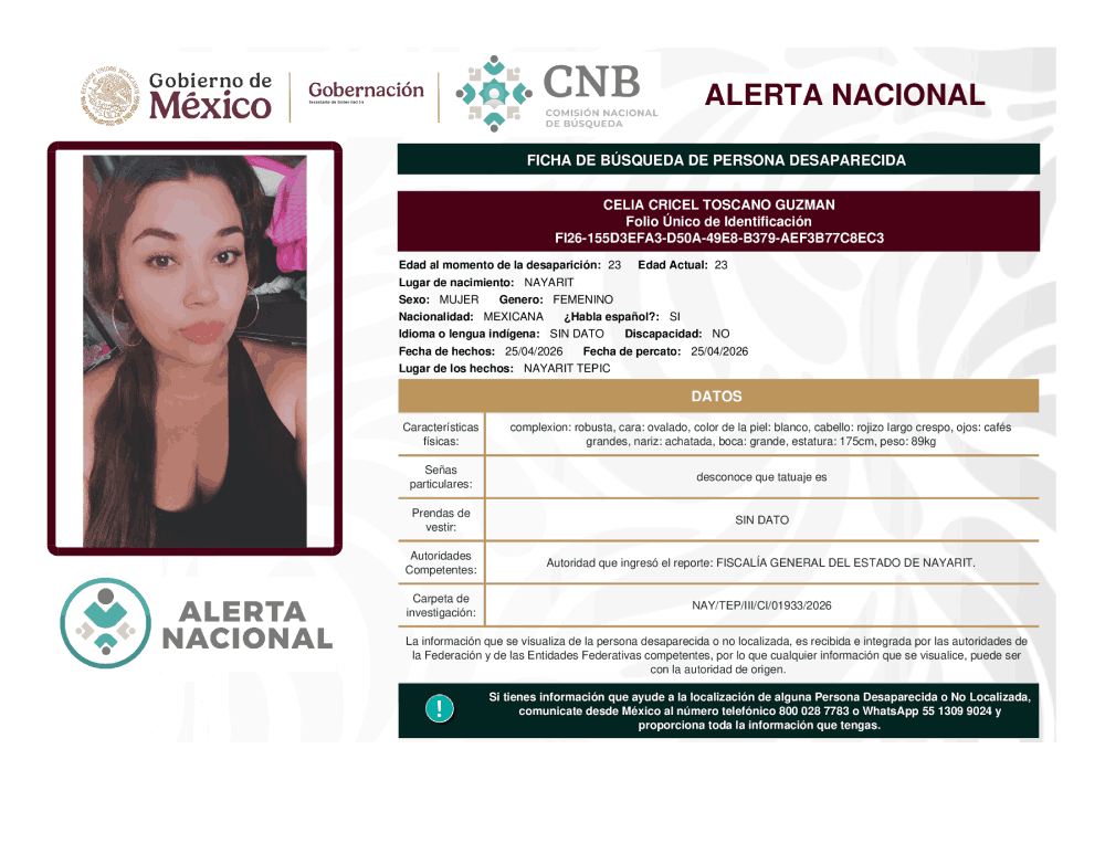 Persona desaparecida Celia Cricel Toscano Gúzman