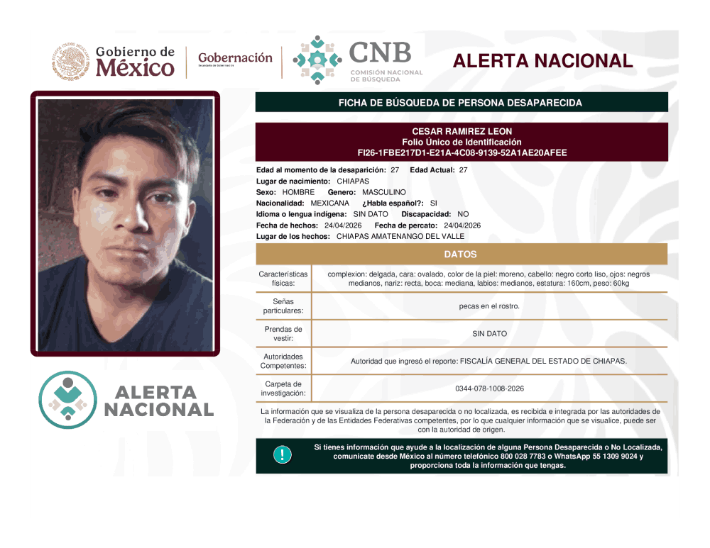 Persona desaparecida César Ramírez León