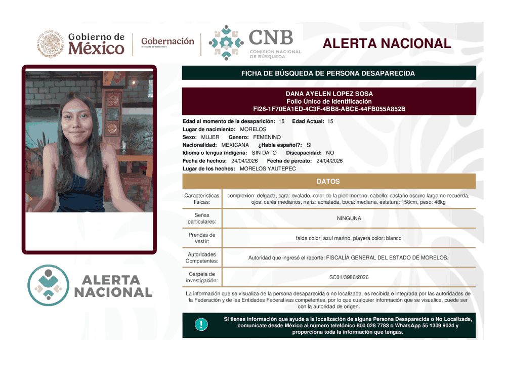 Persona desaparecida Dana Ayelen López Sosa