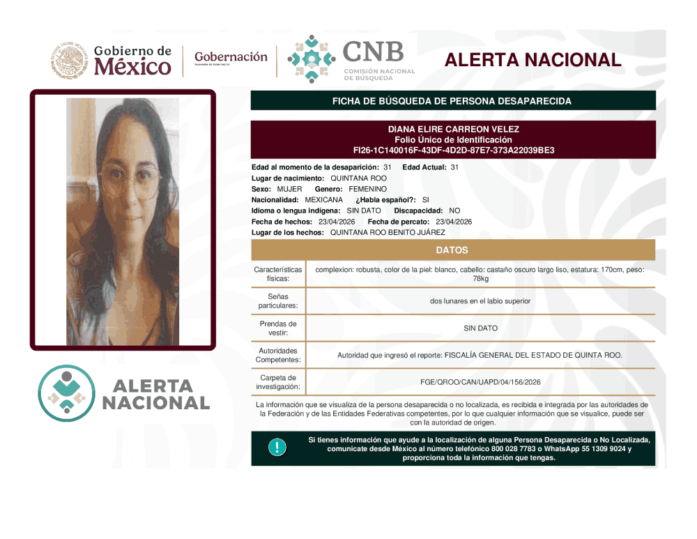 Persona desaparecida Diana Elire Carreon Velez