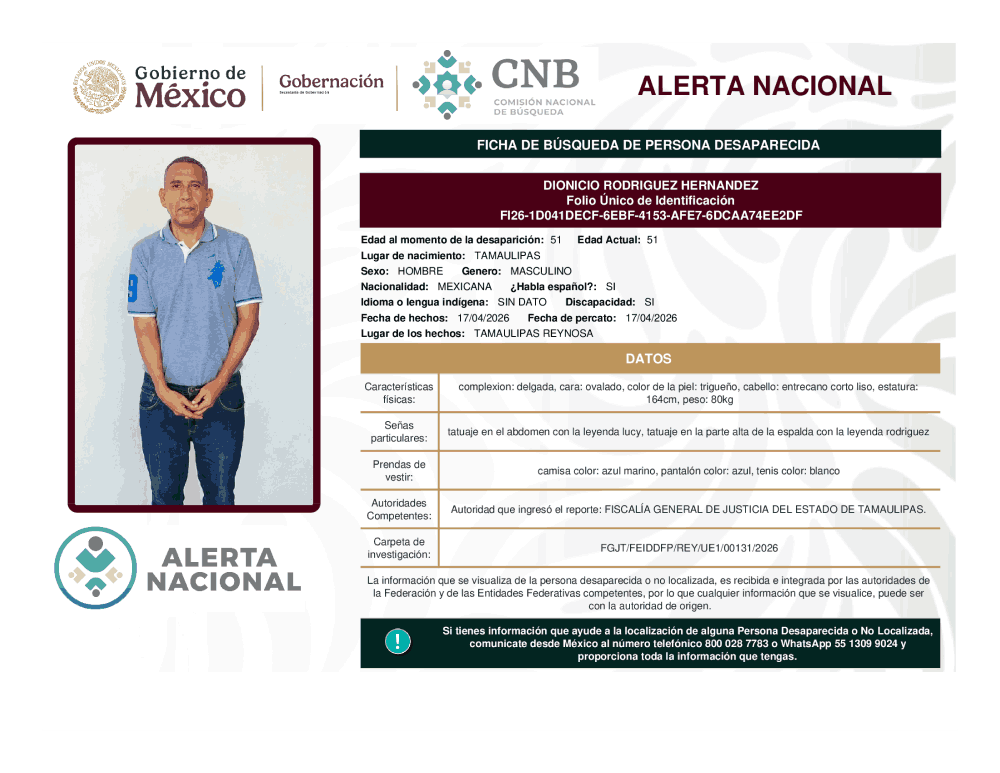 Persona desaparecida Dionicio Rodríguez Hernández