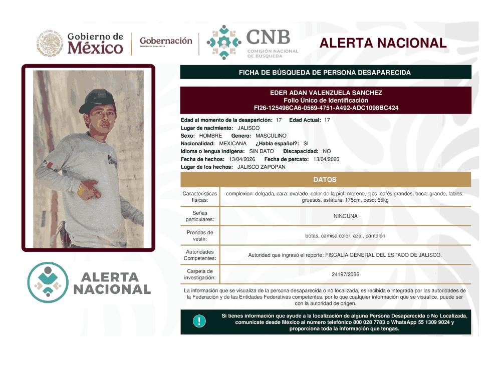 Persona desaparecida Eder Adan Valenzuela Sánchez