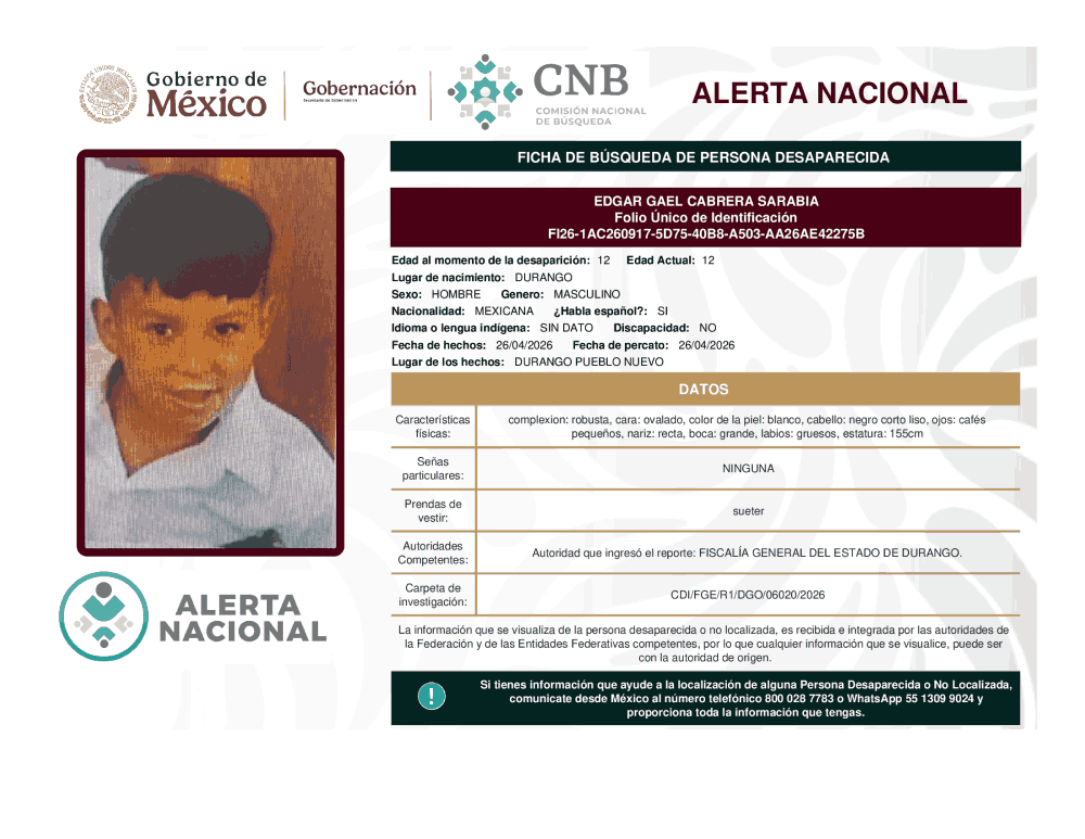 Persona desaparecida Edgar Gael Cabrera Sarabia