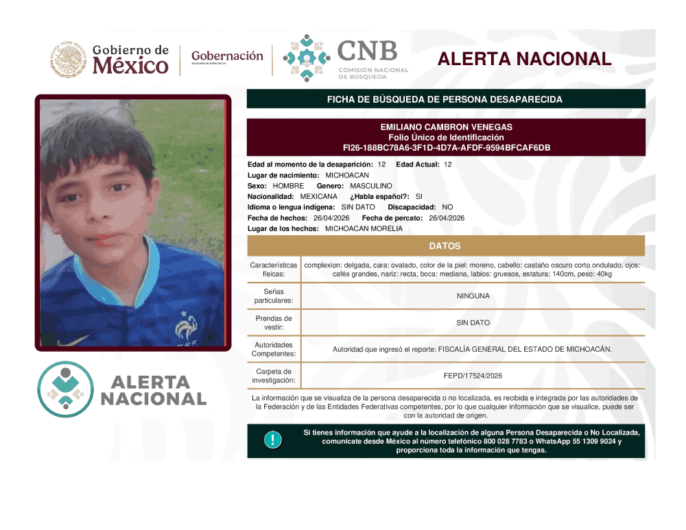 Persona desaparecida Emiliano Cambron Venegas