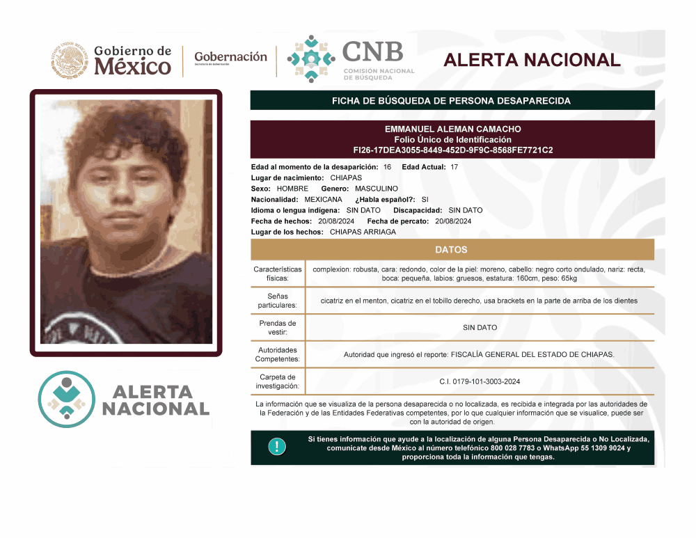 Persona desaparecida Emmanuel Alemán Camacho