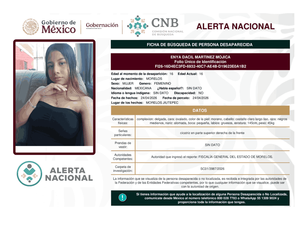 Persona desaparecida Enya Dacil Martínez Mojica