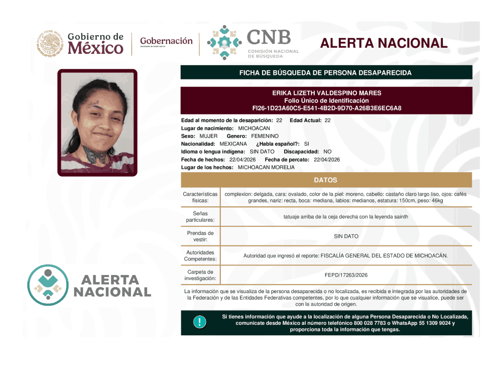 Persona desaparecida Erika Lizeth Valdespino Mares