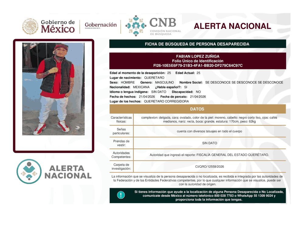 Persona desaparecida Fabian López Zuniga