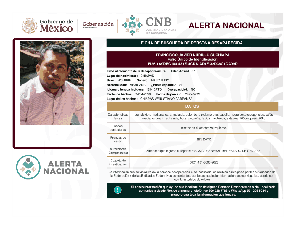 Persona desaparecida Francisco Javier Nuriulu Suchiapa