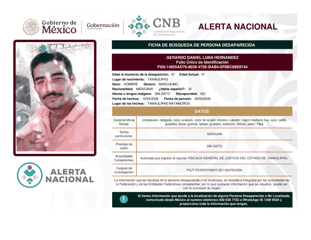 Persona desaparecida Gerardo Daniel Luna Hernández