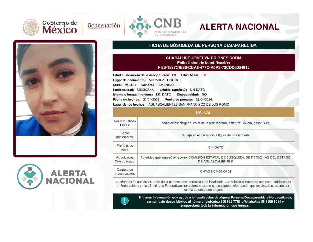 Persona desaparecida Guadalupe Jocelyn Briones Soria