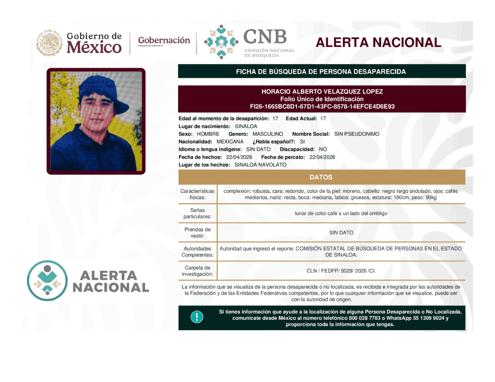 Persona desaparecida Horacio Alberto Velázquez López