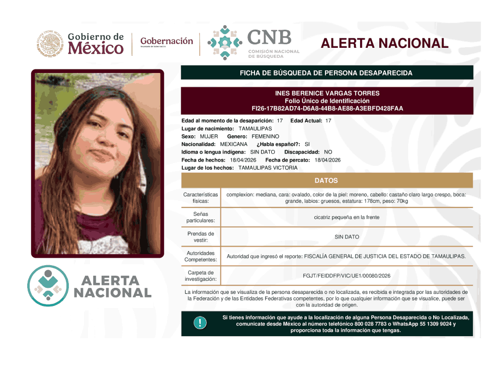 Persona desaparecida Ines Berenice Vargas Torres