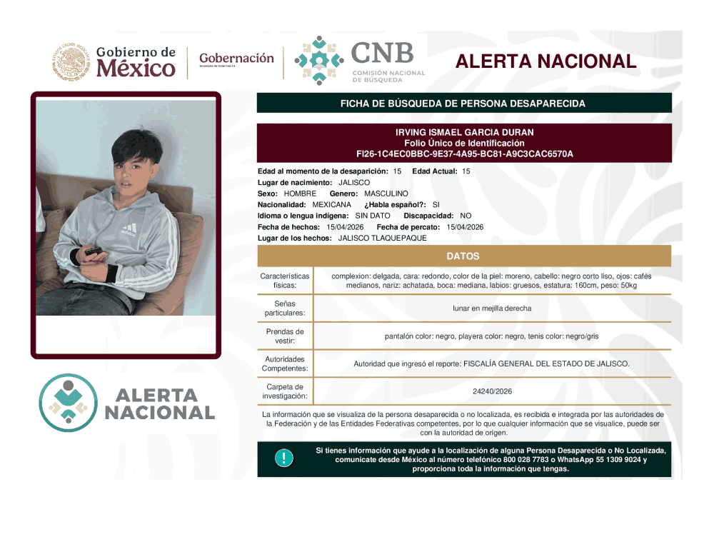 Persona desaparecida Irving Ismael García Duran