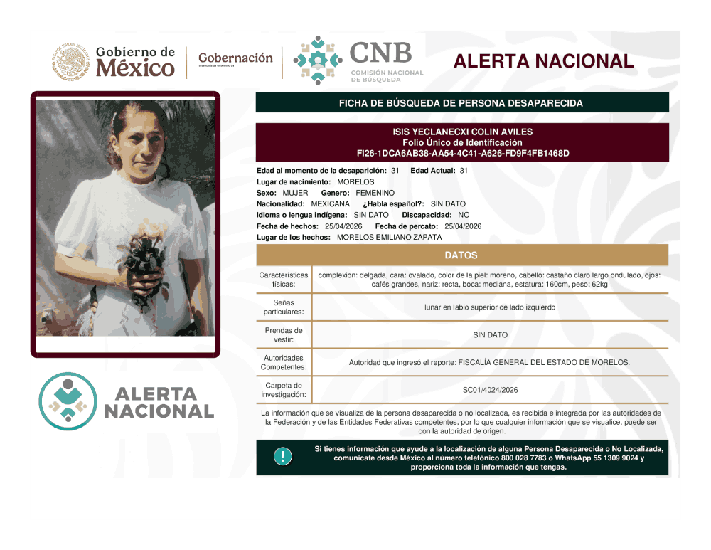 Persona desaparecida Isis Yeclanecxi Colin Aviles