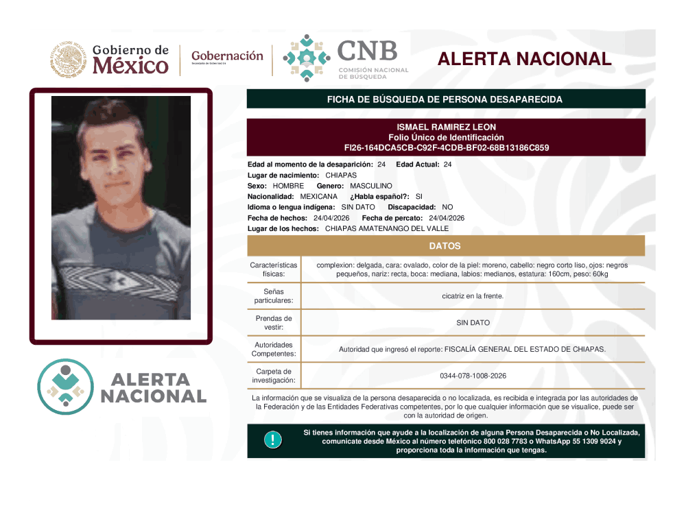 Persona desaparecida Ismael Ramírez León