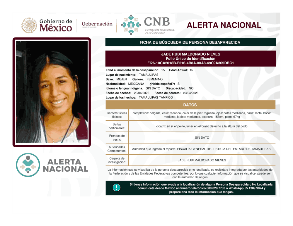 Persona desaparecida Jade Rubi Maldonado Nieves