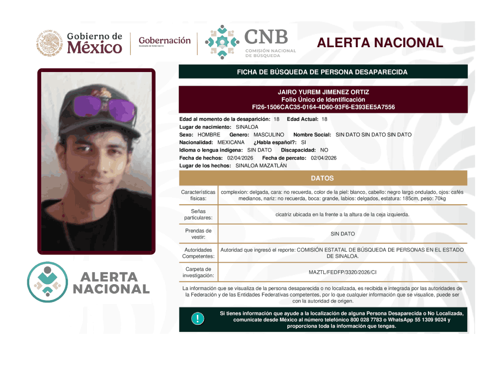 Persona desaparecida Jairo Yurem Jiménez Ortiz