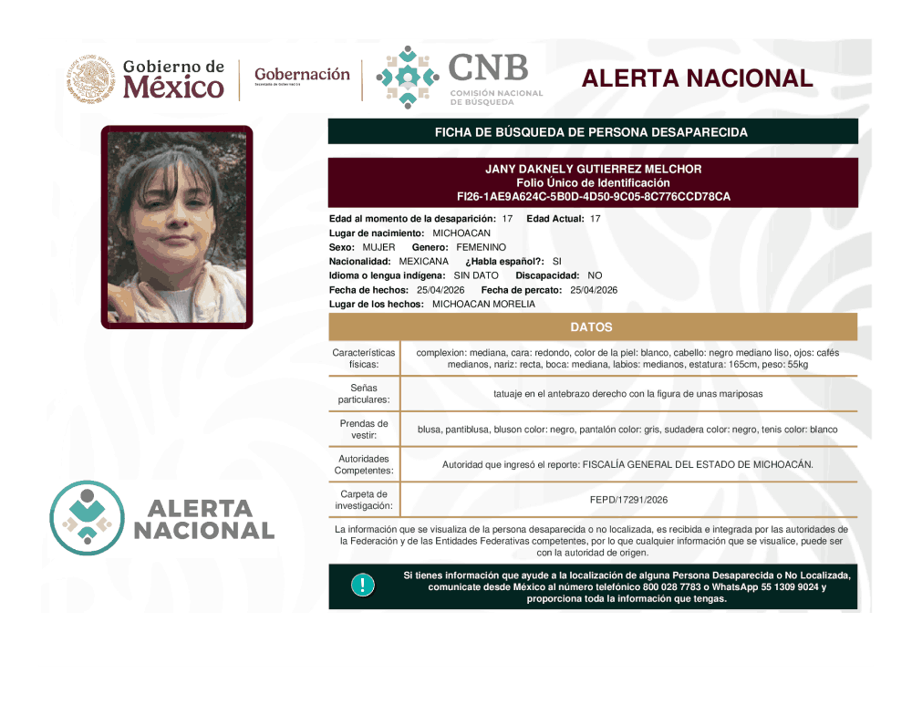 Persona desaparecida Jany Daknely Gutiérrez Melchor
