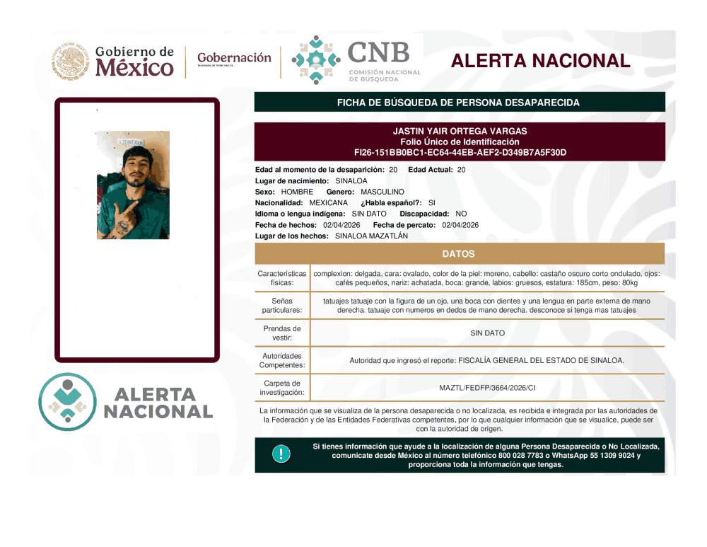Persona desaparecida Jastin Yair Ortega Vargas