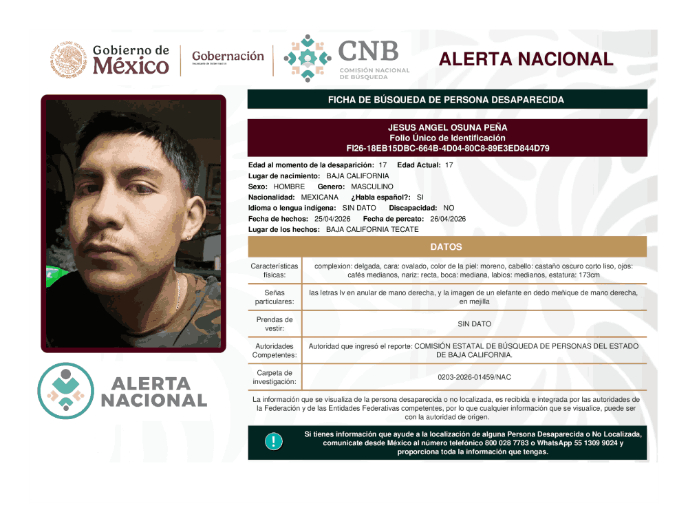 Persona desaparecida Jesús Ángel Osuna Pena