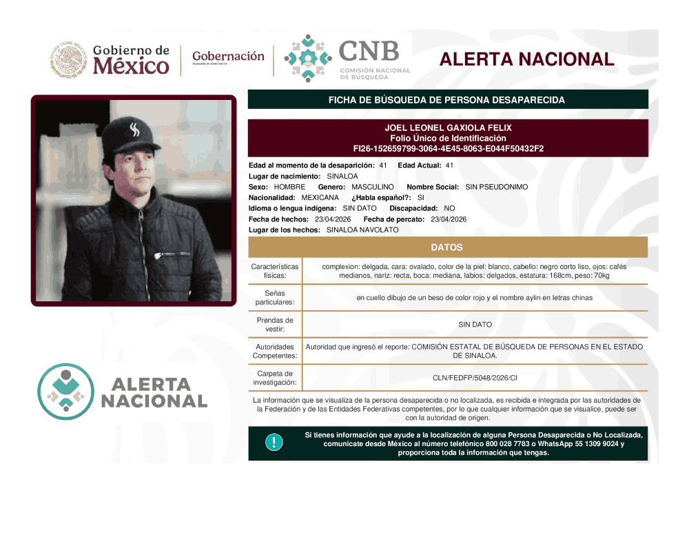 Persona desaparecida Joel Leonel Gaxiola Felix