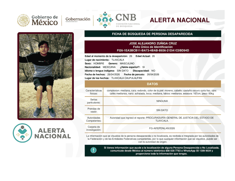 Persona desaparecida José Alejandro Zuniga Cruz