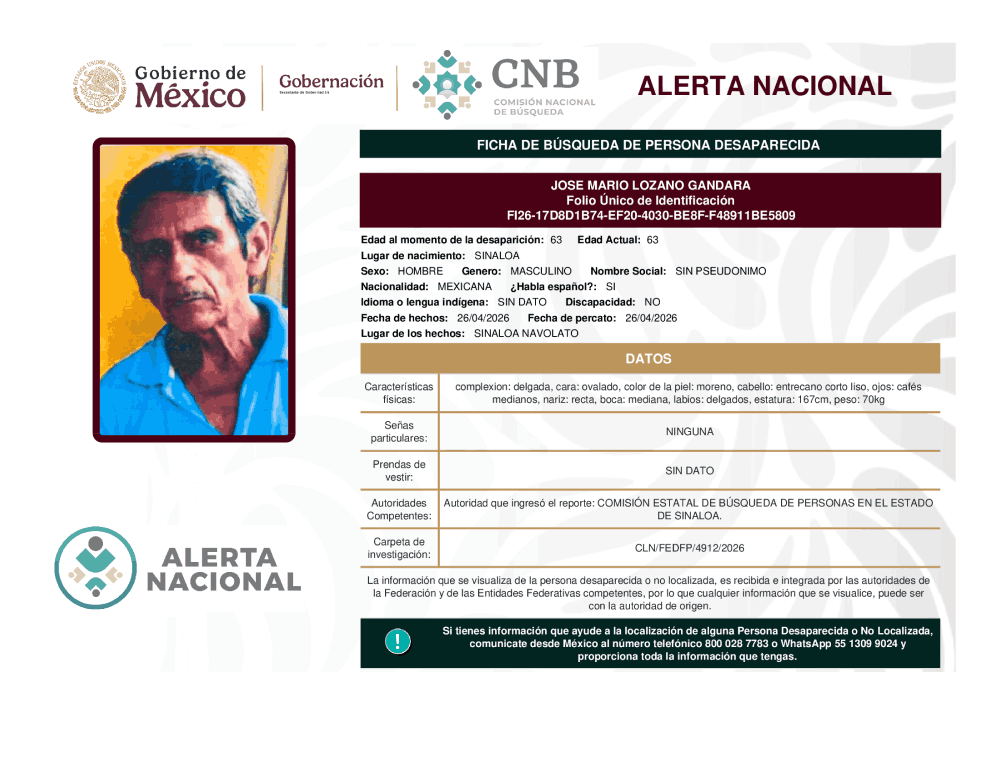 Persona desaparecida José Mario Lozano Gandara