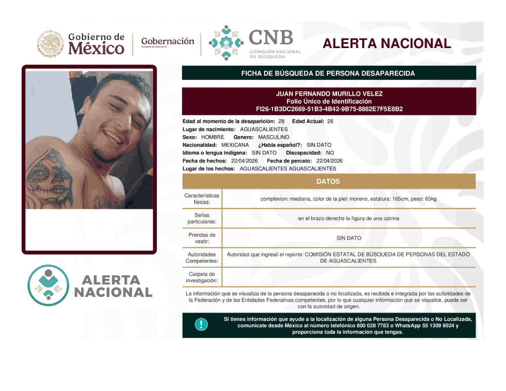 Persona desaparecida Juan Fernando Murillo Velez