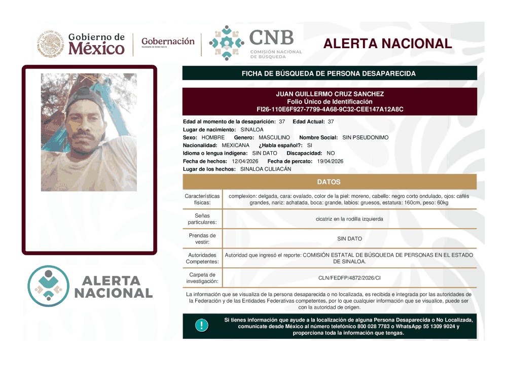 Persona desaparecida Juan Guillermo Cruz Sánchez