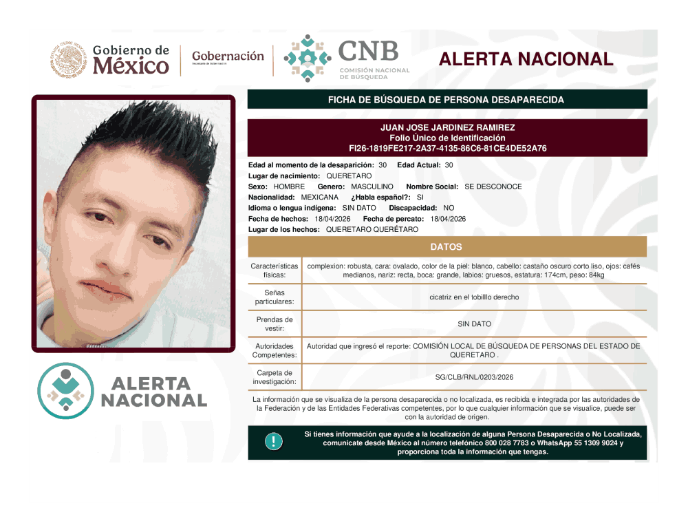 Persona desaparecida Juan José Jardinez Ramírez