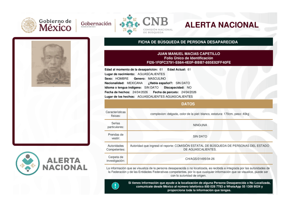Persona desaparecida Juan Manuel Macias Capetillo